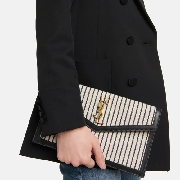 Yves Saint Laurent Uptown Canvas Striped Clutch Cream Black YSL Gold Hardware - Picture 8 of 14
